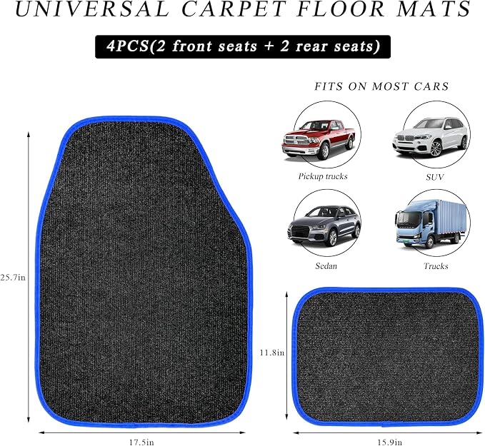 4PCS Car Floor Mats, Anti-Slip Waterproof Car Carpets with Safety Heel Pad, Heavy Duty Floor Mat for All Weather Protection, Universal Trim to Fit for Sedans Trucks SUVs (Black & Blue)