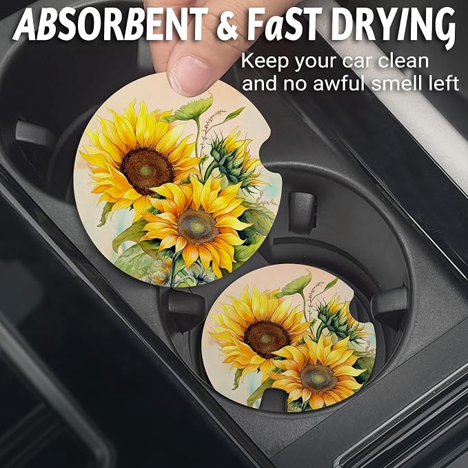 Yonlevres Car Coasters for Cup Holders, 2.75" Anti Slip Rubber Mat with a Finger Notch, 2 Pack Sunflower