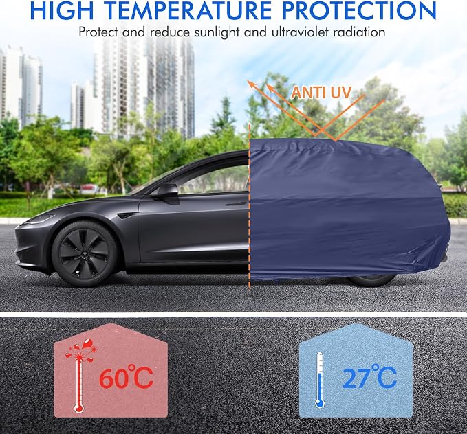 Tesla Model 3 Car Cover Waterproof All Weather, 6 Layers Outdoor Full Exterior Cover Rain Sun UV Snowproof Protection with Zipper Cotton, Mirror Pocket and Charging Port
