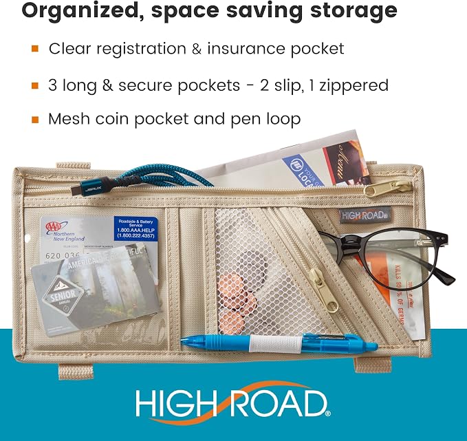 High Road Car Visor Organizer and Sun Visor Document Holder with Pockets | Slim Car Visor Organizer with Pockets Holds Registration and Insurance Cars, Pens and Papers Within Easy Reach