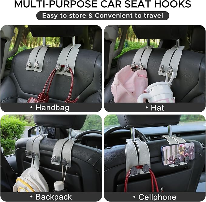 Leather Car Purse Hook for Headrest, 4 Pack, Grey-Black | Twin Hooks Headrest Hangers, 2/4 Pack, No-Slip, Scratch-Proof, Holds Purses, Backpacks, Grocery Bags, Car Organizer Gift