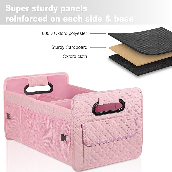 JiatuA Car Trunk Organizer for SUV, Car Storage Organizer Collapsible Multi Compartment Container Box, Adjustable Car Accessories for Women/Men, Pink