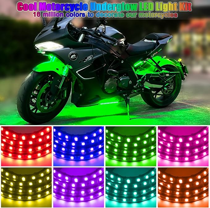 10Pcs Motorcycle LED Underglow Kit, RGB LED Strips Lights with APP Control, Compatible with Harley Davidson, Honda, Kawasaki, Suzuki