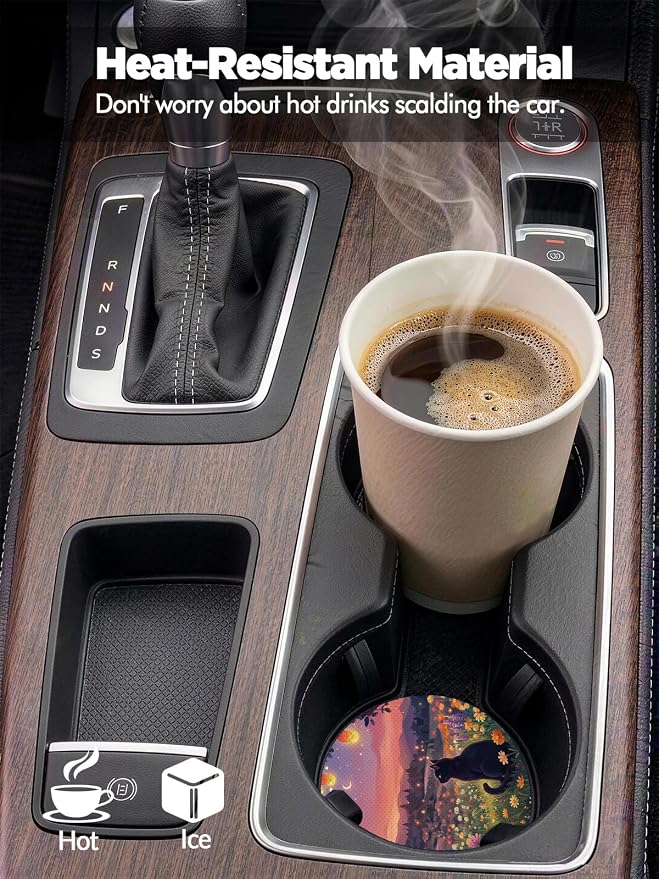 WOCOCN Car Coasters for Cup Holders - 2 Pack 2.75" Universal Rubber Car Cup Coaster, Non-Slip Waterproof Car Interior Accessories, Cute Car Decor Gifts for Women and Men (Scenery & Cats)