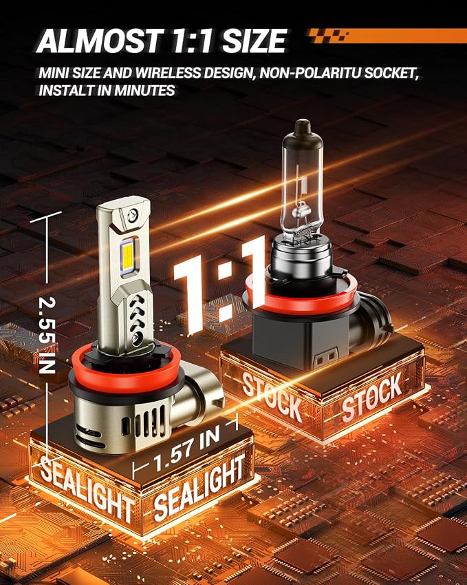 SEALIGHT 9005/HB3 H11/H9/H8 LED Bulbs Combo, 90000LM Brighter than Original Bulb, 6500K Daylight White, 25000RPM Cooling Fan with IP68 Waterproof, 70000Hrs , Pack of 4