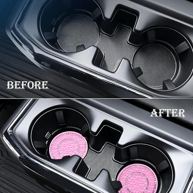 2PCS Bling Crystal Rhinestone Cup Coaster Insert, 2.75 inch Soft Silicone Anti-Slip Shockproof, Car Drink Holder Coaster, Universal Car Interior Accessories for Women (Pink & Colorful)