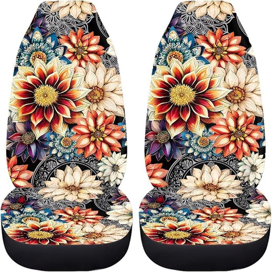 Dahlia Flowers Blossom Car Seat Covers for Front Seats Ethnic Style Bucket Seat Covers Universal Fit for SUV Truck Sedan Front Seat Protector,2 Piece Set
