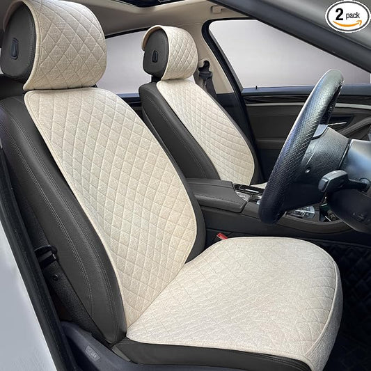 BOPUOVRE Linen Car Seat Covers Front Seat Covers Breathable Cloth Fabric Car Seat Protector - Universal Fit for Cars, Vans, SUVs, Trucks - 2 Units - Beige