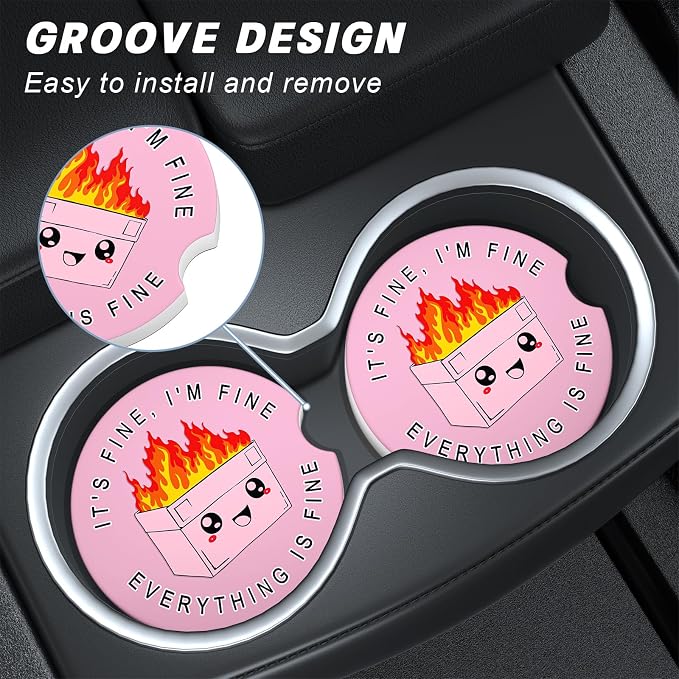 Aiawoxc Car Cup Holder Coasters, 2 Pack Universal Auto Anti Slip Insert Coaster with A Finger Notch, Cup Mat for Most Car Interior, Pink Cute Dumpster