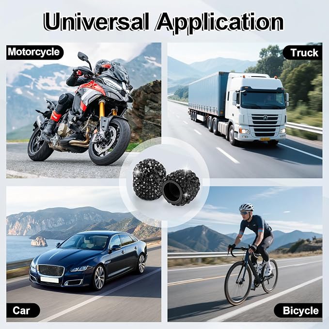 JUSTTOP 4 Pack Handmade Crystal Rhinestone Car Tire Valve Stem Caps, Wheel Valve, Attractive Dustproof Bling Accessories, Universal for Cars, Trucks and Motorcycles-Black