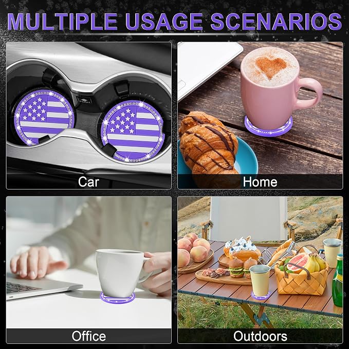 JUSTTOP Bling Car Cup Holder Coaster,4PCS American Flag Cup Holder Insert,Universal Non-Slip Cup Holders,Car Accessories Interior for Women and Man(Purple)