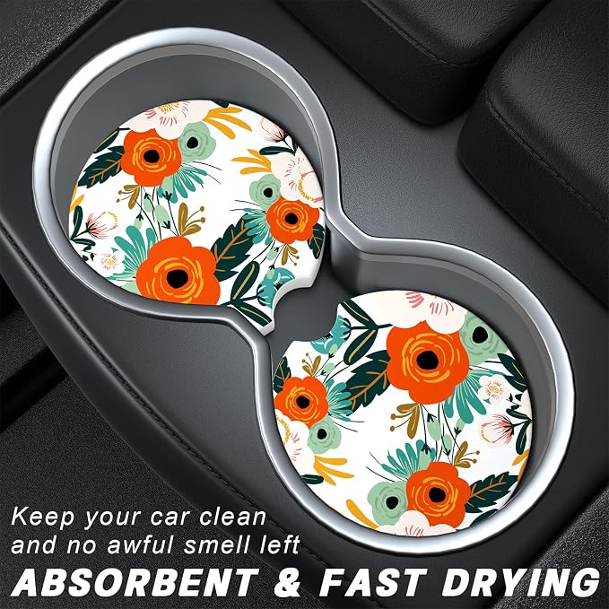 Aiawoxc Car Cup Holder Coasters, 2 Pack Universal Auto Anti Slip Insert Coaster with A Finger Notch, Cup Mat for Most Car Interior, White Flower