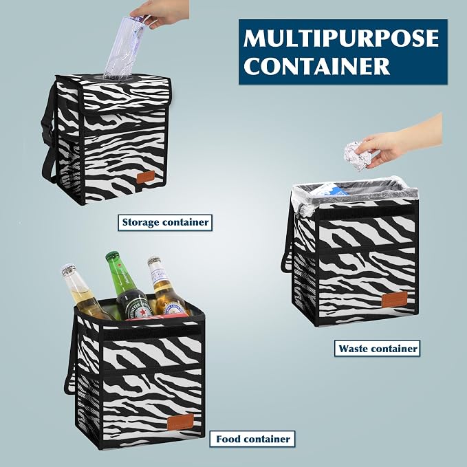 Femuar Car Trash Can with Lid - Leak Proof, Waterproof, Zebra Stripe, SUV Multipurpose Car Hanging for Headrest, Collapsible, Portable with Storage Mesh Pocket