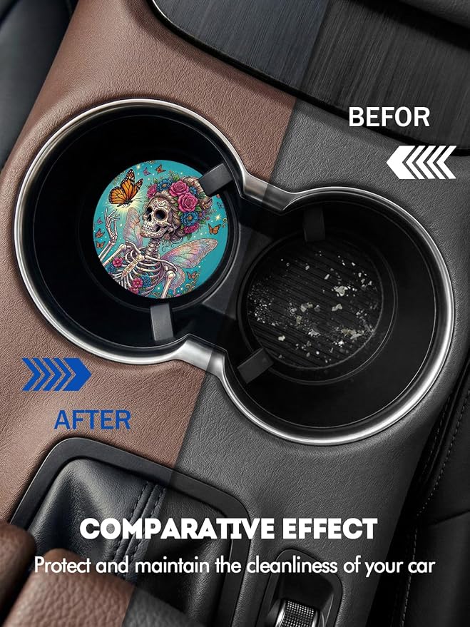 WOCOCN Car Coasters for Cup Holders - 2 Pack 2.75" Universal Rubber Car Cup Coaster, Non-Slip Waterproof Car Interior Accessories, Cute Car Decor Gifts for Women and Men (Butterfly Skull)