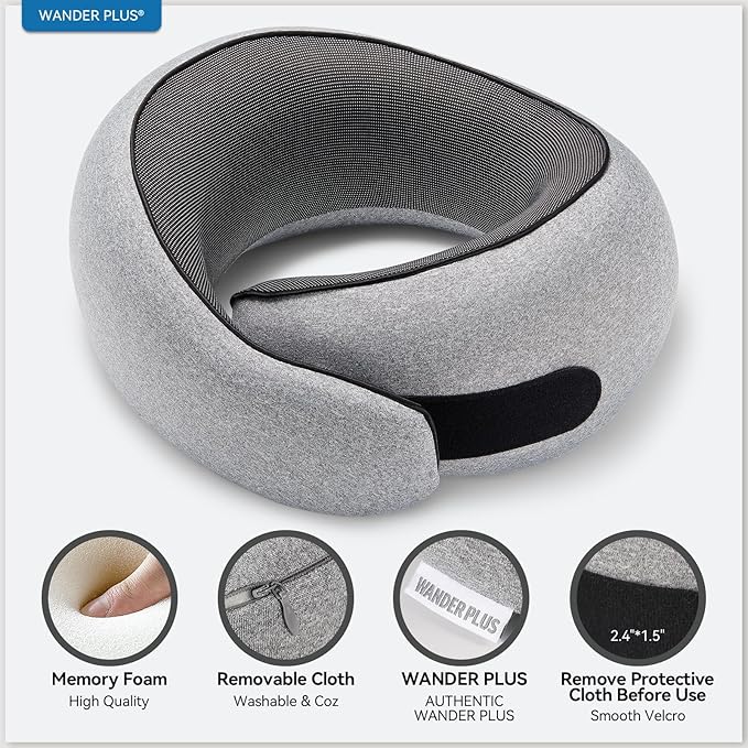 WANDER PLUS® Travel Pillow, 100% Pure Memory Foam Travel Neck Pillow Airplane Neck Support Ergonomic Design Best for Sleeping Plane Car Train Office Flight for Adults Grey