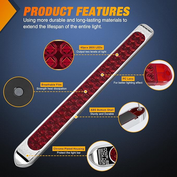 Nilight LED Tail Light 2PCS 17" 40LED Red Running Tail Stop Brake Lights | W/ Chrome Bezel Waterproof Surface Mount For 12V Towing Trailer Truck RV Camper Boat Identification