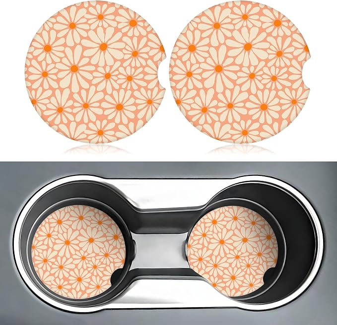 Orange Floral Car Coasters for Cup Holders,2 Pack Car Cup Holder Coasters for Car,Ceramic Absorbent Car Coaster with A Finger Notch and Cork Base,Car Interior Accessories for Women Men