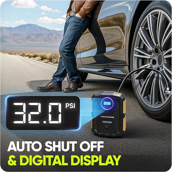 FORTEM Tire Inflator Portable Air Compressor, Air Pump for Car Tires and Bikes, Car Tire Pump w/Auto Shut Off, 150 PSI, 12V DC, LED Light, Carrying Case, Perfect For Men, Women