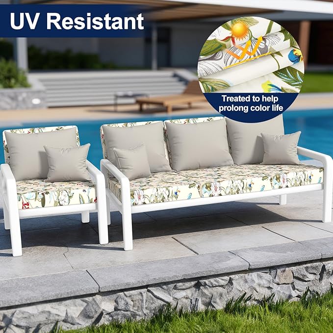 Smiry Waterproof Patio Cushion Covers, Stretch Outdoor Couch Slipcovers Replacement Washable Furniture Protector Sofa Chair Seat Cover for Dogs and Pets (8 Pcs, Beige and Green)