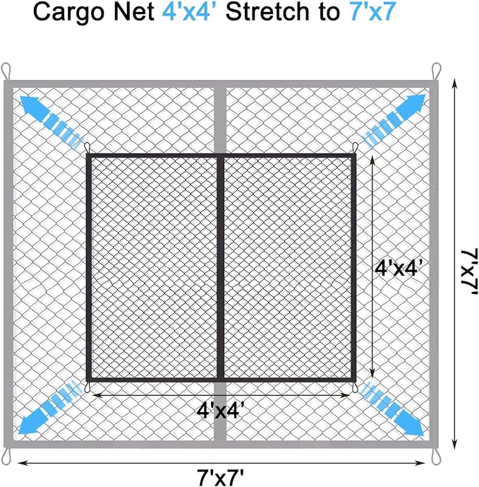 BAILALIBO Cargo Net with Metal Hooks, 48x48 in | Elastic stretchable mesh, adjustable for Pickup/SUV/truck, universal fit, trunk storage, heavy-duty car exterior accessory