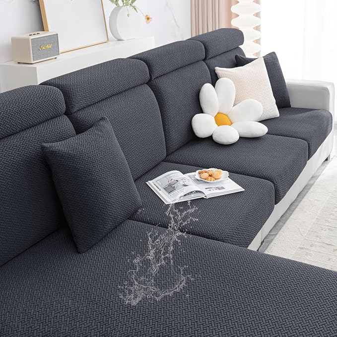 Smiry Waterproof Couch Cushion Covers, Stretch Jacquard Thick Sofa Cushion Covers, Washable Seat Slipcover Elastic Furniture Protector for Pets, Kid (Chaise Cover, Dark Grey)