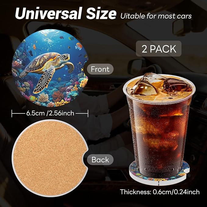 2 Pack Ceramic Car Coasters for Cup Holder, 2.56 in Anti Slip Absorbent Coaster with Cork Base and Finger Notch, Funny Cute Car Accessories for Women, BigTurtle