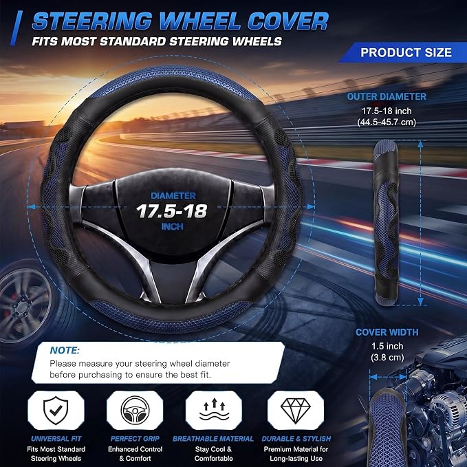 DaisyInner 17.5-18 Inch Steering Wheel Cover for Semi Truck No-Slip & Comfy Grip for Semi Trucks, Rv, Big Rig and 18 Wheelers(Mesh A,Leather,Blue)