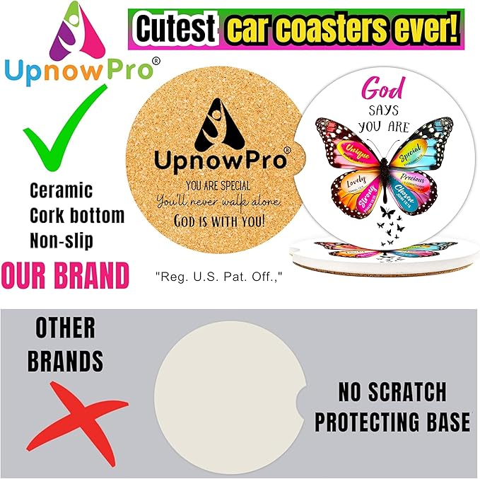 Christian Car Coasters for Cup Holders - 2 Pack Cute Butterfly Bible Verses Car Accessories for Women, Inspirational Faith Decor, Absorbent Ceramic Cup Holder Coaster for Car, Scripture Religious Gift