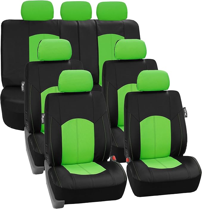FH Group Perforated Leatherette Three Row Set 8 Seater Car Seat Covers, Airbag Compatible and Split Ready- Universal Fit for Cars, Trucks & SUVs (Green)