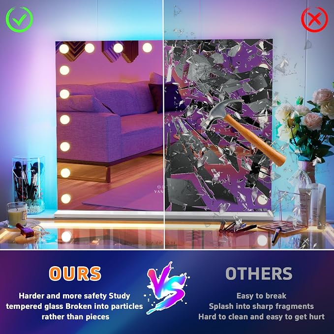 VANITII Large Vanity Mirror with 20 Bulbs Lights 40"x32" RGB Backlit Hollywood Makeup Mirror with Dimmable 3 Lighting Modes Lighted Desktop Wall-Mount Mirror with Smart Touch