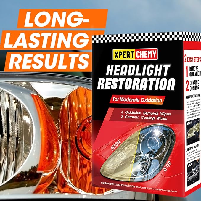 XPERTCHEMY Headlight Restoration kit, 2-Step Headlight Cleaner & Protective Coating Wipes, Removing The Moderate Yellowing, Haziness and Oxidation, Provides with the Best Protection 18 Months