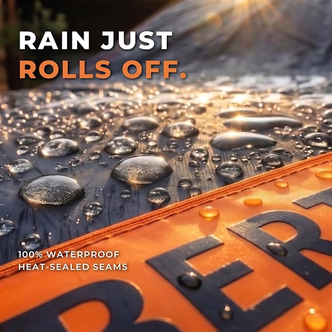 BERTRAND Heavy Duty SUV Car Cover Waterproof All Weather - Snow, Rain & UV Outdoor Protection | Cotton-Lined, Up to 8-Point Anchoring + Zipper Access | Extra Large SUVs, Black-Orange (207x77, S3)