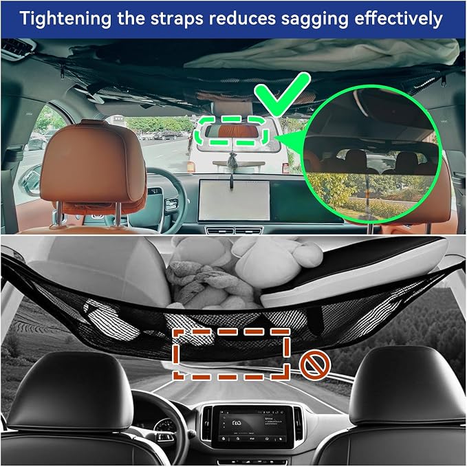 35.4"x24.8" Car Ceiling Cargo Net Fit Cars with 3 Handles | Double Layer Roof Storage Organizer | SUV Minivan Truck | Travel Road Trips Car Camping Accessories