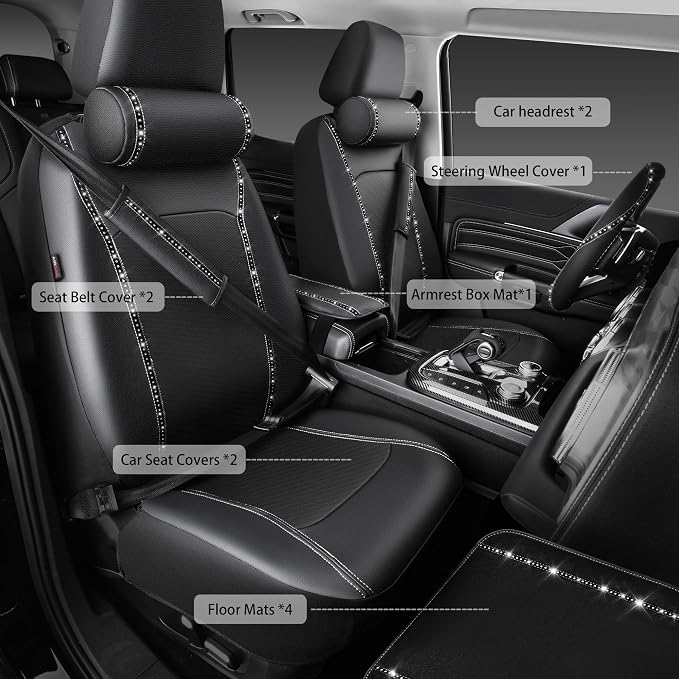 CAR PASS 14 PCS Bling Diamond Car Accessories Set for Women, Leather Seat Covers Front Seats Sparkly Rhinestone 15'' Steering Wheel Covers Shining Diamond Car Floor Mats Cute Interior Sets, Silver