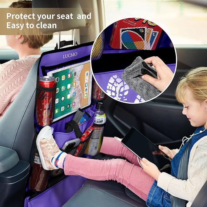 LUCMO Car Backseat Organizer with Touch Screen Tablet Holder, Dark Purple | 2 Pcs,9 Storage Pockets,Clear Tablet Holder,Protectors Kick Mats,Travel Accessories,Seat Cover,Road Trip Essentials