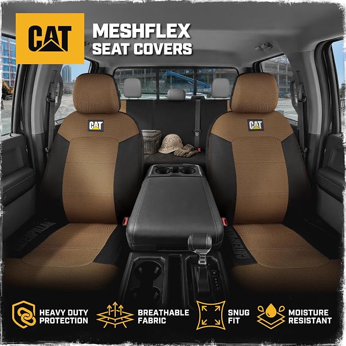 CAT MeshFlex Seat Covers Full Set for Full-Size Pickup Trucks Only - Beige | Front Bucket Seat Covers & 60/40 Split Rear Bench Protector – Interior Accessories For F-150, Silverado, Ram, Sierra & Tundra