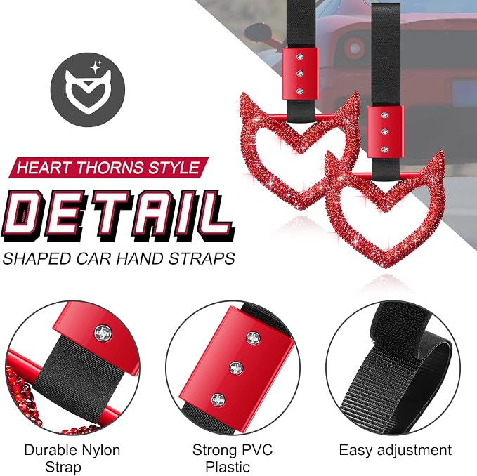 Fabbay Bling Car Accessories Bling Heart Handle Ring Car Accessory for Women Heart Hand Strap Drift Charm Rear Bumper Warning Ring Decor for Auto Bus Interior Exterior Decoration (Red, Devil Style)