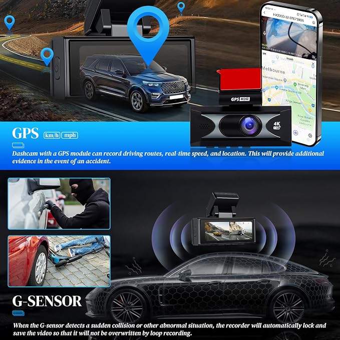 4K Dash Cam with WiFi & APP Control, 4K Front and 2.5K Rear, Dash Camera with ADAS,G-Sensor, 24 Hours Parking Mode, Loop Recording, Night Vision