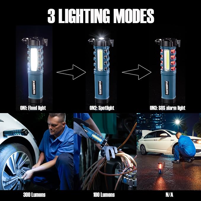 Emergency Car Flashlight with Seatbelt Cutter and Window Breaker, LED Work Light & Flash Beacon, Life-Saving Car Escape Tool for Roadside Safety (Blue)