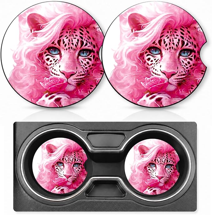 2PCS Cheetah Car Cup Holder Coasters Neoprene Car Coasters Universal | 2.75" Anti-Slip Rubber Mat with Finger Slot for Vehicle SUV Truck Cool Cars Accessories Cheetah Gifts for Women Men