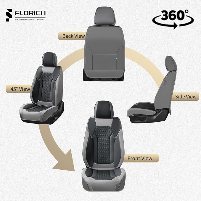 FLORICH Seat Covers, Car Seat Covers Full Set, Luxury Nappa Leather Seat Covers, Breathable and Waterproof Car Seat Protector 5 Seat, Automotive Seat Covers Universal Fit for Most Cars-Gray&Black