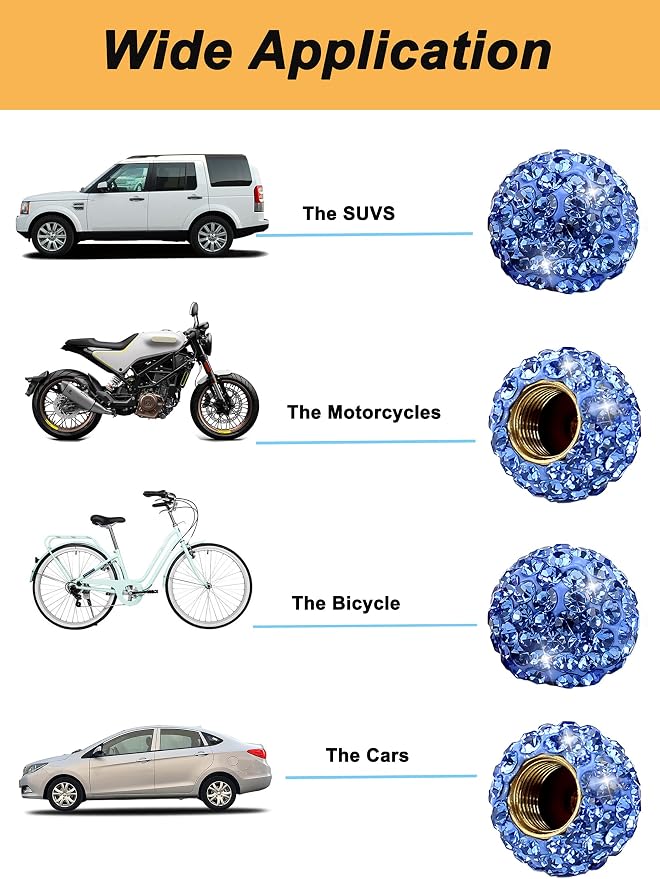 Car Wheel Tire Valve 4 Pack Handmade Crystal Rhinestone Tire Valve Stem Air Caps Cover Bling Car Accessories (Blue)