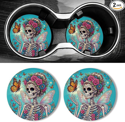 WOCOCN Car Coasters for Cup Holders - 2 Pack 2.75" Universal Rubber Car Cup Coaster, Non-Slip Waterproof Car Interior Accessories, Cute Car Decor Gifts for Women and Men (Butterfly Skull)