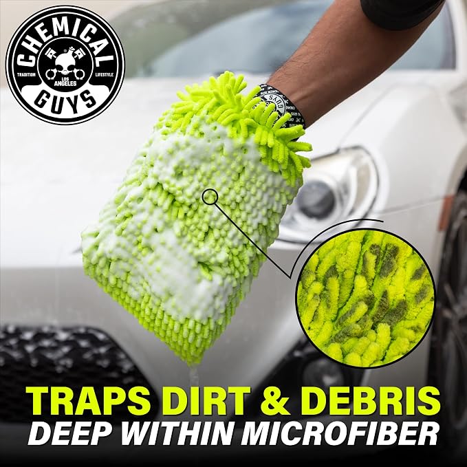 Chemical Guys, Chenille Microfiber Wash Mitt for Cars, Scratch-Free, 2 Pack | Ultra-soft lime green chenille holds thick suds and traps grit, gentle on paint, glass and chrome, machine washable