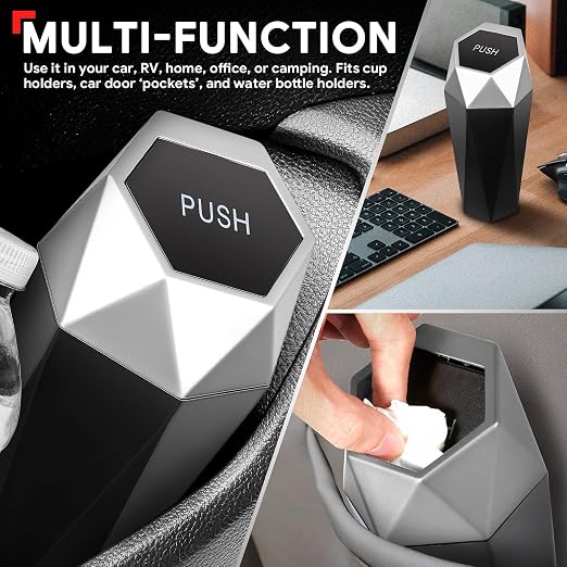 DNA Motoring Mini Car Auto Trash Can with Removable Lid, Leakproof Mini Garbage Bin for Automotive Home Office,Black/Silver,ZTL-OD-01-SL
