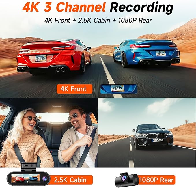 GT902 Dashcam 4K 3 Channel Dash Cam Front Rear Inside, True 170° Wide Angle, 3.19" IPS Screen 2.4G WiFi Custom APP Control, Loop Recording Collision Lock G-Sensor Parking Monitor, 256GB Storage Max