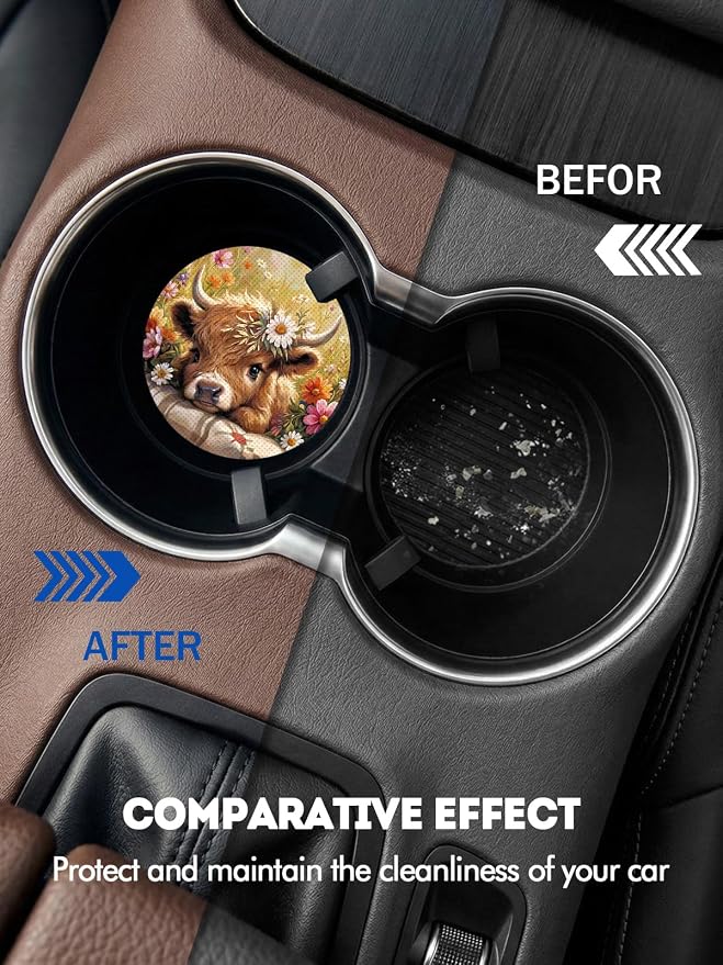 WOCOCN Car Coasters for Cup Holders - 2 Pack 2.75" Universal Rubber Car Cup Coaster, Non-Slip Waterproof Car Interior Accessories, Cute Car Decor Gifts for Women and Men (Calf)