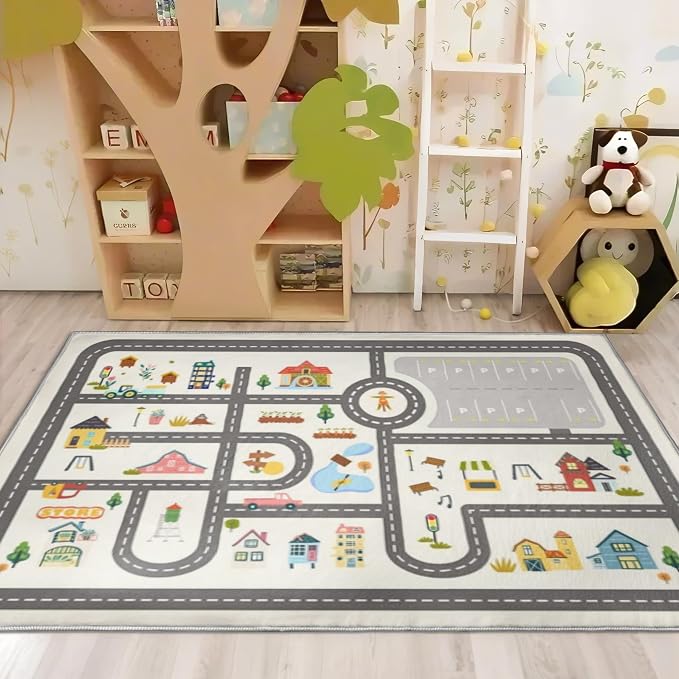 Nayoroom Kids Town Road Playroom Rug, Faux Wool Car Map, Non-Slip, 3 x 5 ft | Interactive town road map; Community scenes; Soft faux wool surface; Non-slip backing; Easy-care room accent