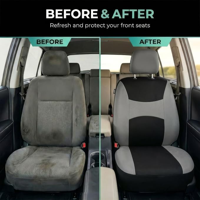 FH Group Universal Car Seat Covers Front Set for SUV Truck Sedan Vans | Waterproof All-Purpose Cloth Seat Cover Set Airbag Compatible Washable Split Bench Protector Interior Upgrade - Gray