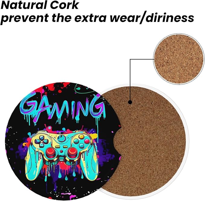 Game Car Cup Holder Coasters 2 Pack 2.63" for Women | Universal Anti Slip Ceramic Absorbent Coaster with Cork Base and Finger Notch Cute Car Accessories Interior